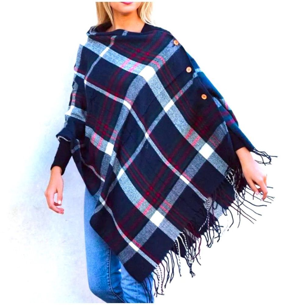 Plaid poncho button & fringe detail one size fits most EUC